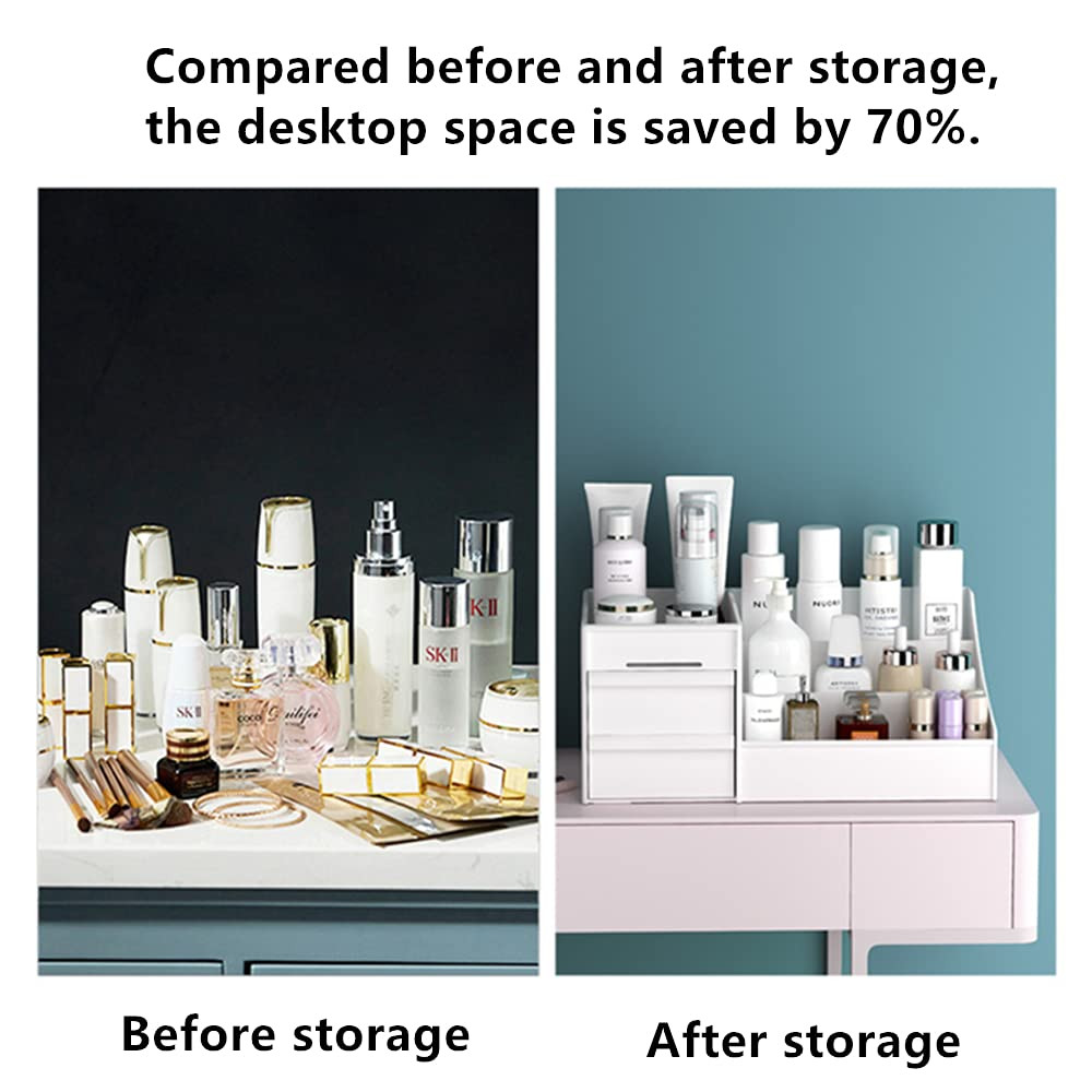 XIOU Makeup Desk Organizer with Drawers Countertop Organizer for Cosmetics Vanity Holder for Lipstick Brushes Lotions Ey